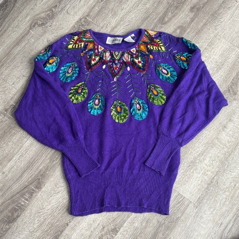 Cedars | Vintage Purple 1980s Silk Angora Sequin Peacock Sweater Size Large